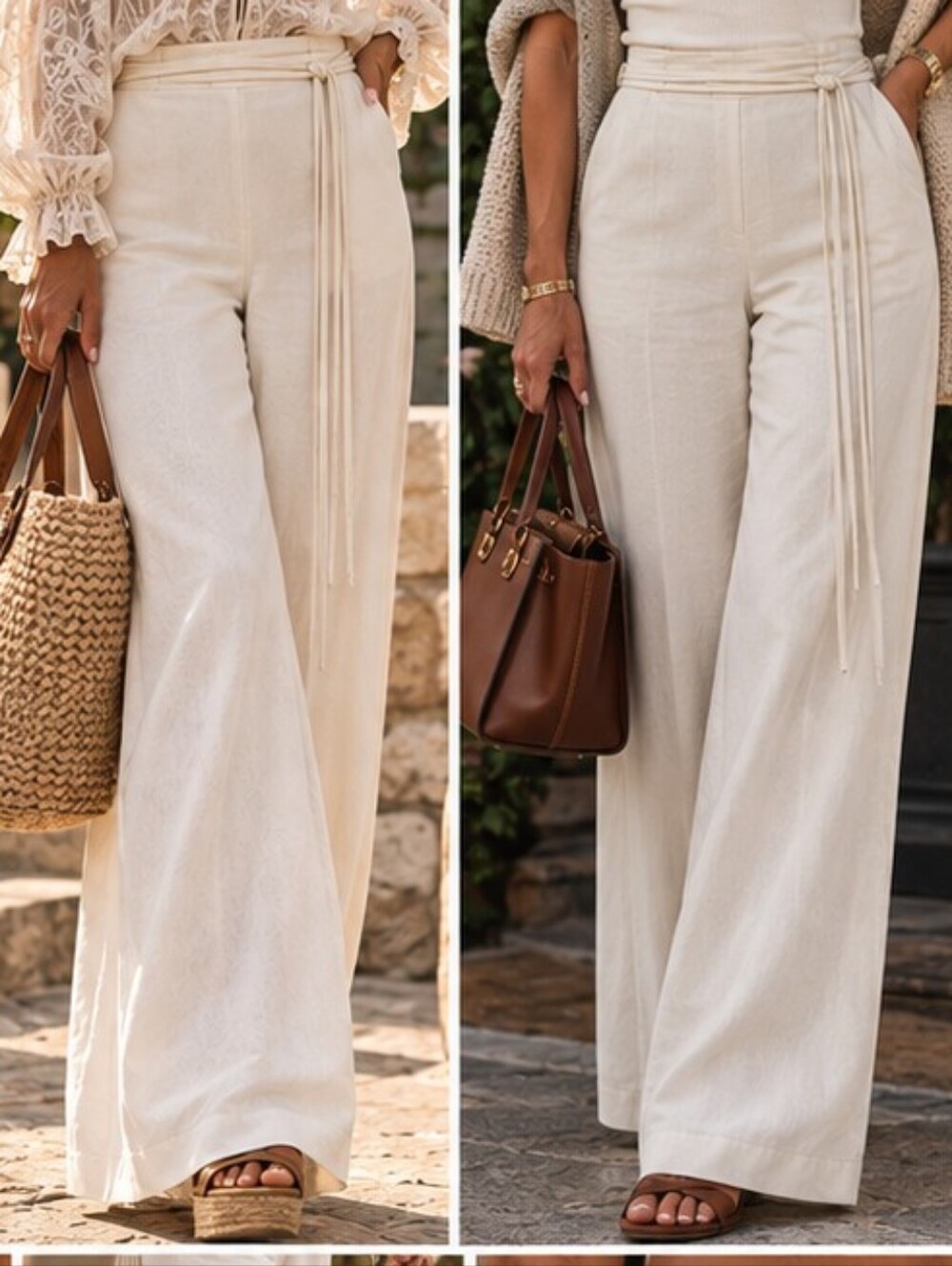 Zara Wide Leg Linen Blend Trouser Palazzo Pants with Long Thin attached tie M